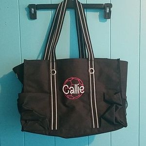 31 tote monogramed with Callie and a soccer ball